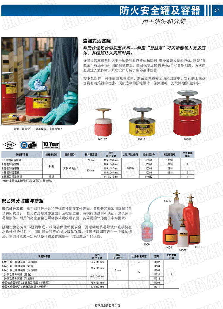 美國(guó)杰斯瑞特，JUSTRITE，活塞安全罐，盛漏式活塞罐，化學(xué)品分裝罐，